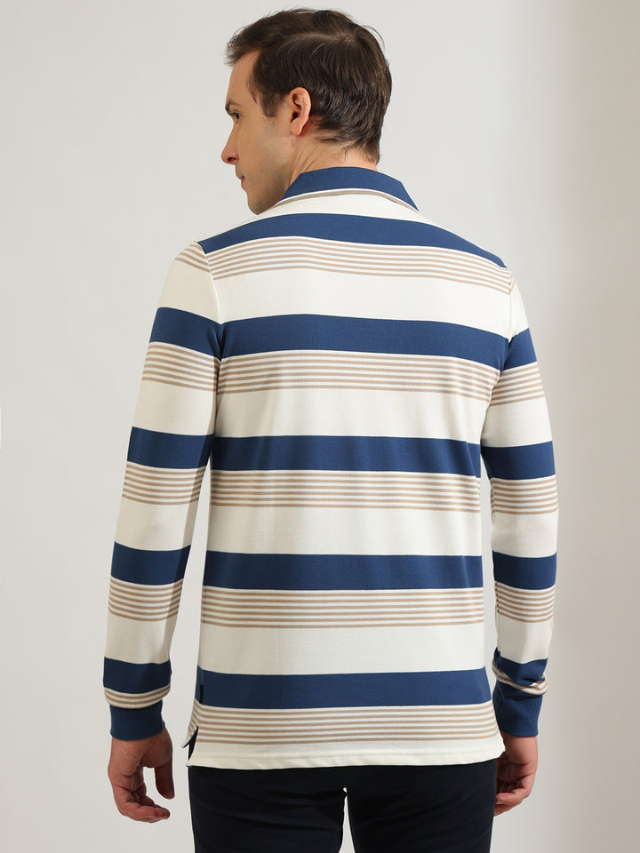 Hancock   Men   White & Blue   Stripes   Cotton Elastane   Slim Fit   Casual   TShirt