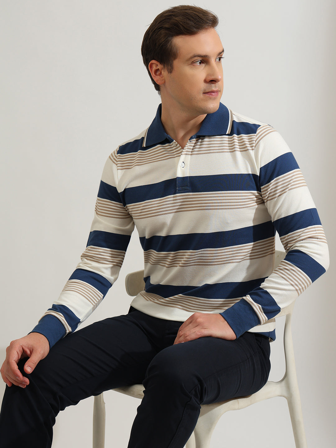 Hancock   Men   White & Blue   Stripes   Cotton Elastane   Slim Fit   Casual   TShirt