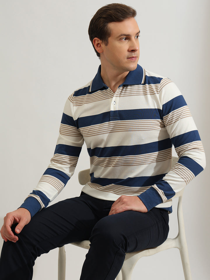 Hancock   Men   White & Blue   Stripes   Cotton Elastane   Slim Fit   Casual   TShirt