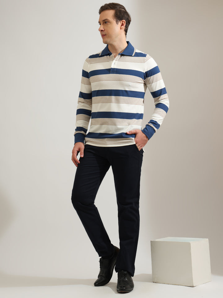 Hancock   Men   White & Blue   Stripes   Cotton Elastane   Slim Fit   Casual   TShirt