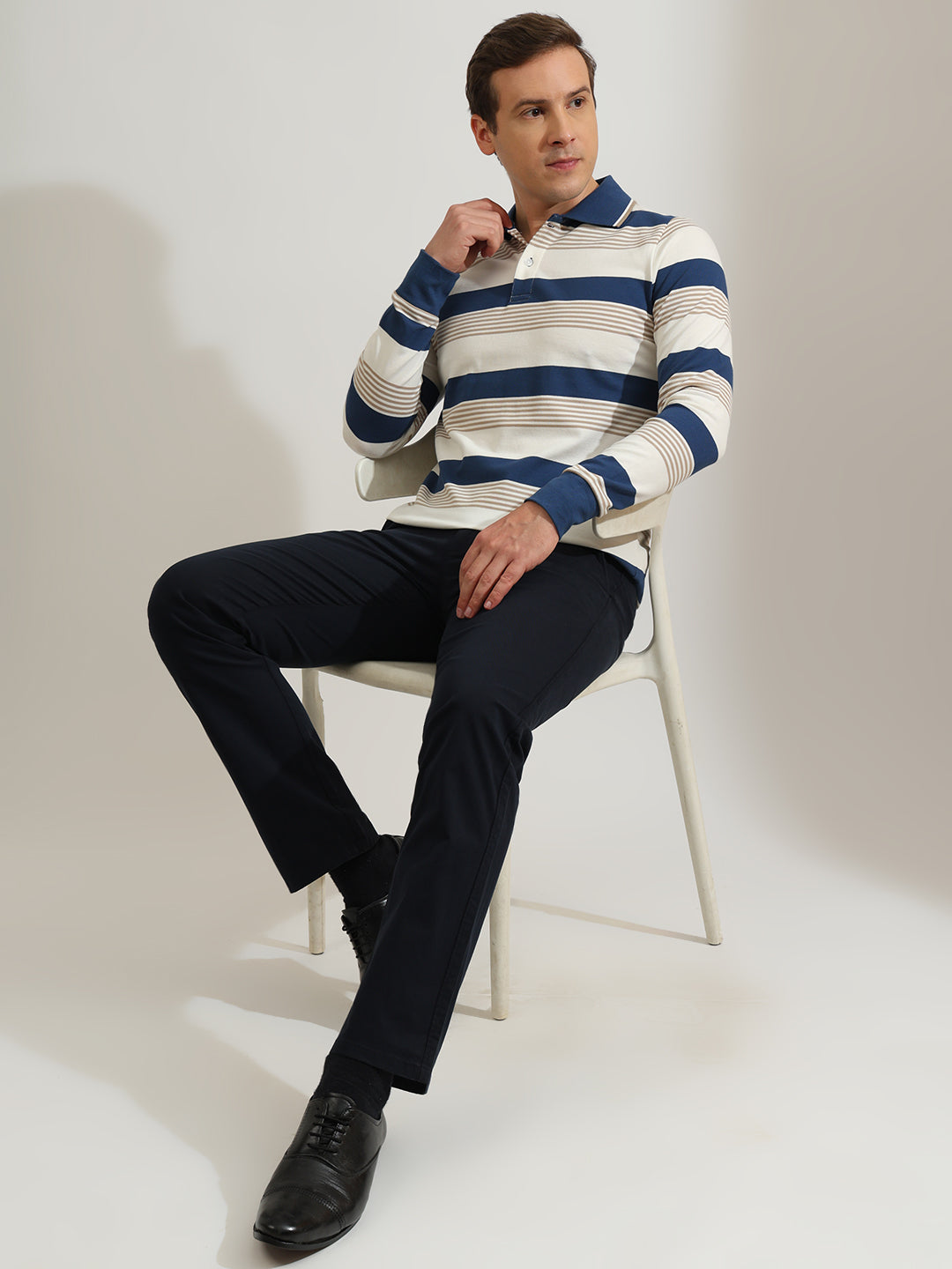 Hancock   Men   White & Blue   Stripes   Cotton Elastane   Slim Fit   Casual   TShirt