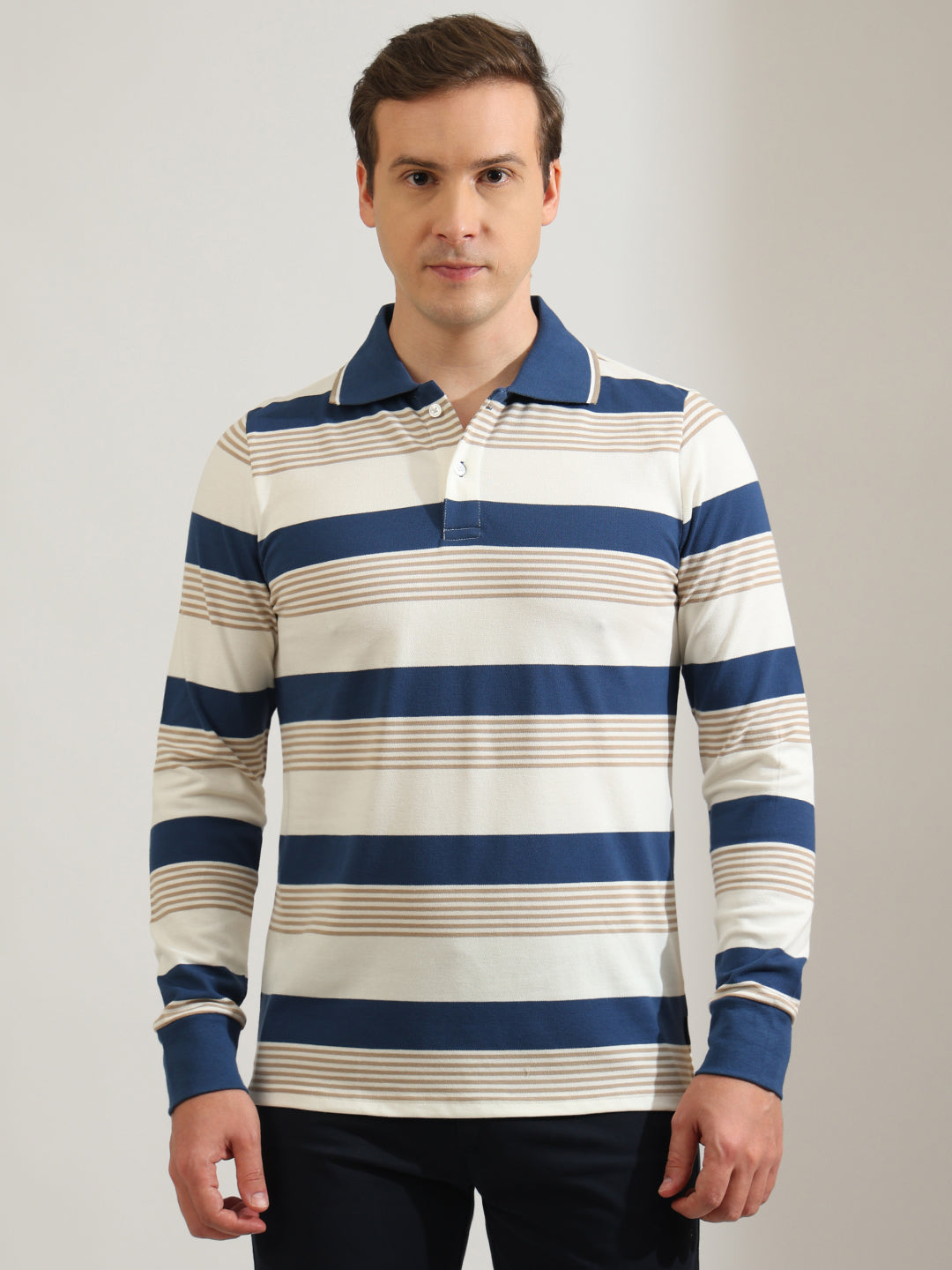 Hancock   Men   White & Blue   Stripes   Cotton Elastane   Slim Fit   Casual   TShirt