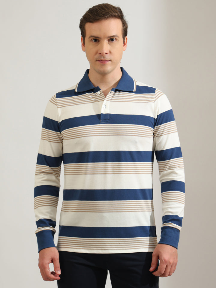 Hancock   Men   White & Blue   Stripes   Cotton Elastane   Slim Fit   Casual   TShirt