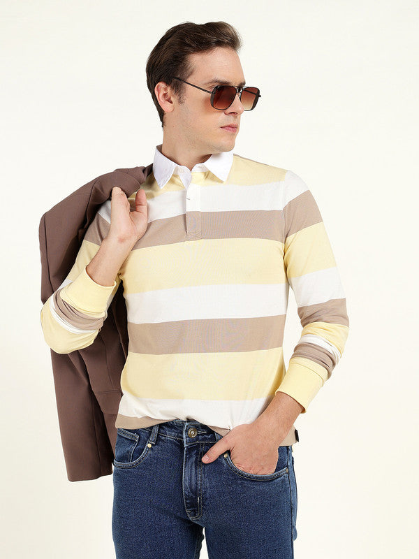 Men Yellow & White Striped Polo Collar Pure Cotton Stretch Pique Bio Finish Slim Fit T-shirt