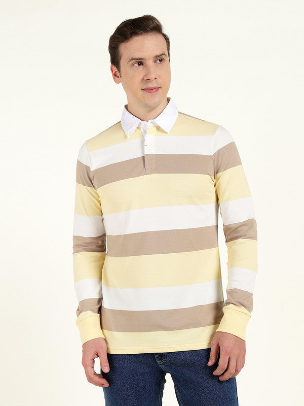 Men Yellow & White Striped Polo Collar Pure Cotton Stretch Pique Bio Finish Slim Fit T-shirt