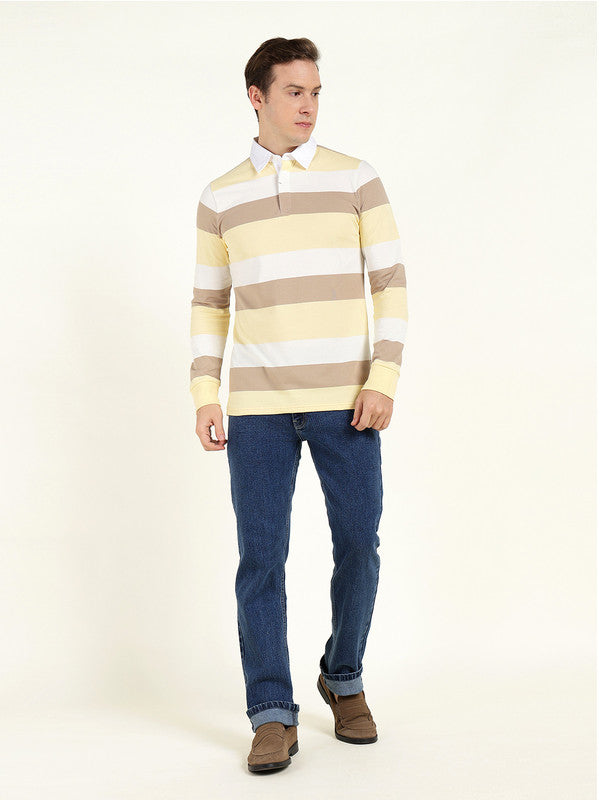 Men Yellow & White Striped Polo Collar Pure Cotton Stretch Pique Bio Finish Slim Fit T-shirt