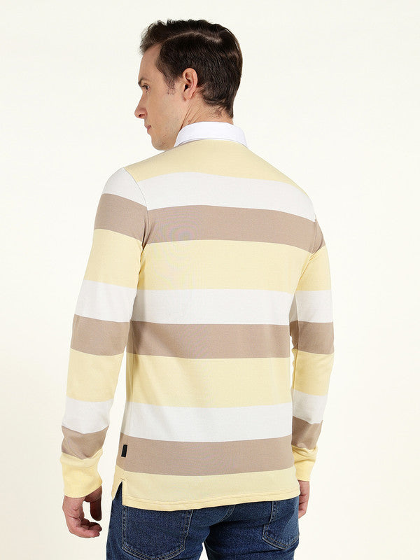 Men Yellow & White Striped Polo Collar Pure Cotton Stretch Pique Bio Finish Slim Fit T-shirt