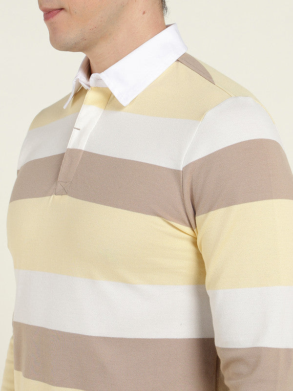 Men Yellow & White Striped Polo Collar Pure Cotton Stretch Pique Bio Finish Slim Fit T-shirt