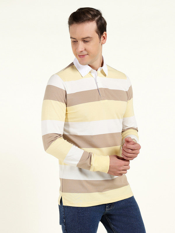 Men Yellow & White Striped Polo Collar Pure Cotton Stretch Pique Bio Finish Slim Fit T-shirt
