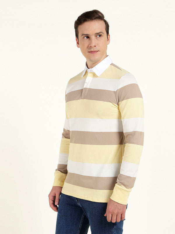 Men Yellow & White Striped Polo Collar Pure Cotton Stretch Pique Bio Finish Slim Fit T-shirt