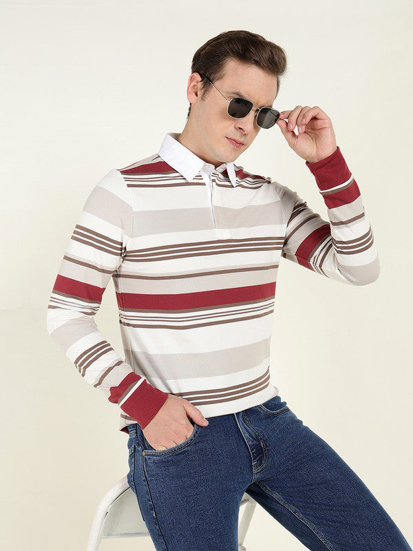Men White & Maroon Striped Polo Collar Pure Cotton Stretch Pique Bio Finish Slim Fit T-shirt