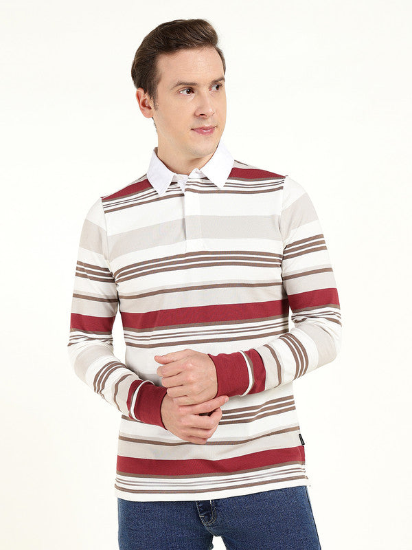 Men White & Maroon Striped Polo Collar Pure Cotton Stretch Pique Bio Finish Slim Fit T-shirt