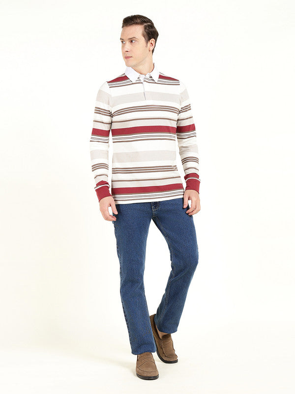 Men White & Maroon Striped Polo Collar Pure Cotton Stretch Pique Bio Finish Slim Fit T-shirt