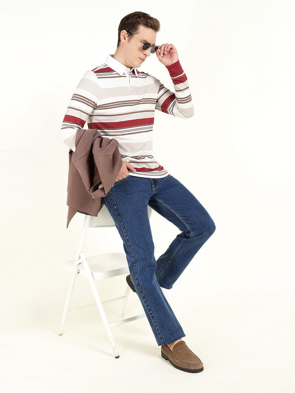 Men White & Maroon Striped Polo Collar Pure Cotton Stretch Pique Bio Finish Slim Fit T-shirt