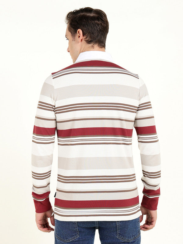 Men White & Maroon Striped Polo Collar Pure Cotton Stretch Pique Bio Finish Slim Fit T-shirt