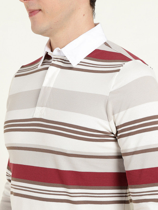 Men White & Maroon Striped Polo Collar Pure Cotton Stretch Pique Bio Finish Slim Fit T-shirt