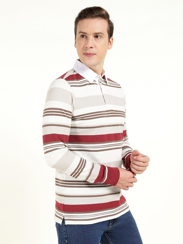Men White & Maroon Striped Polo Collar Pure Cotton Stretch Pique Bio Finish Slim Fit T-shirt
