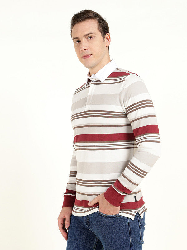 Men White & Maroon Striped Polo Collar Pure Cotton Stretch Pique Bio Finish Slim Fit T-shirt