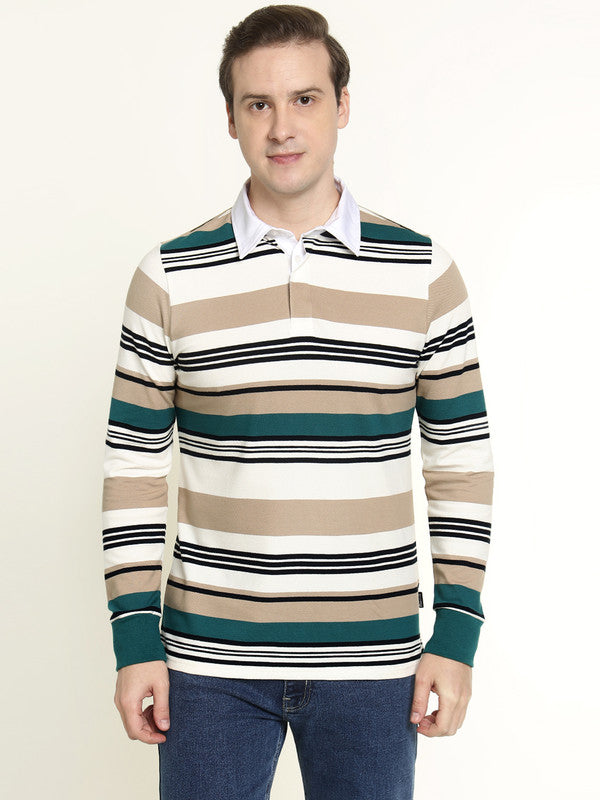 Men White & Green Striped Bio Finish Pure Cotton Stretch Pique Polo Collar T-shirt