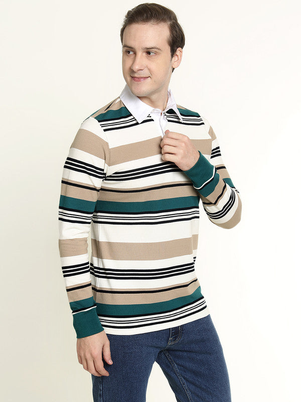 Men White & Green Striped Bio Finish Pure Cotton Stretch Pique Polo Collar T-shirt