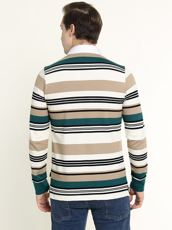 Men White & Green Striped Bio Finish Pure Cotton Stretch Pique Polo Collar T-shirt