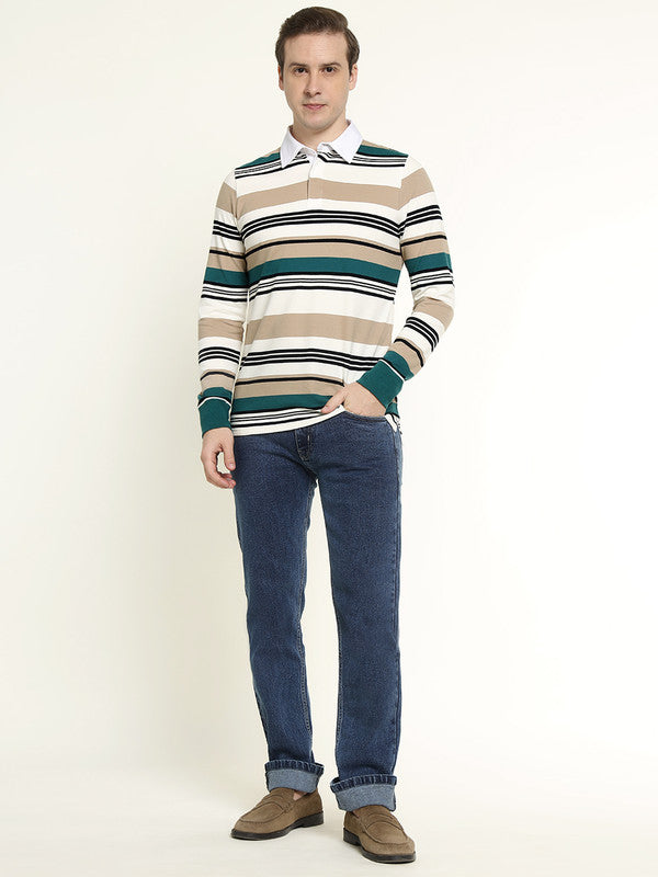 Men White & Green Striped Bio Finish Pure Cotton Stretch Pique Polo Collar T-shirt