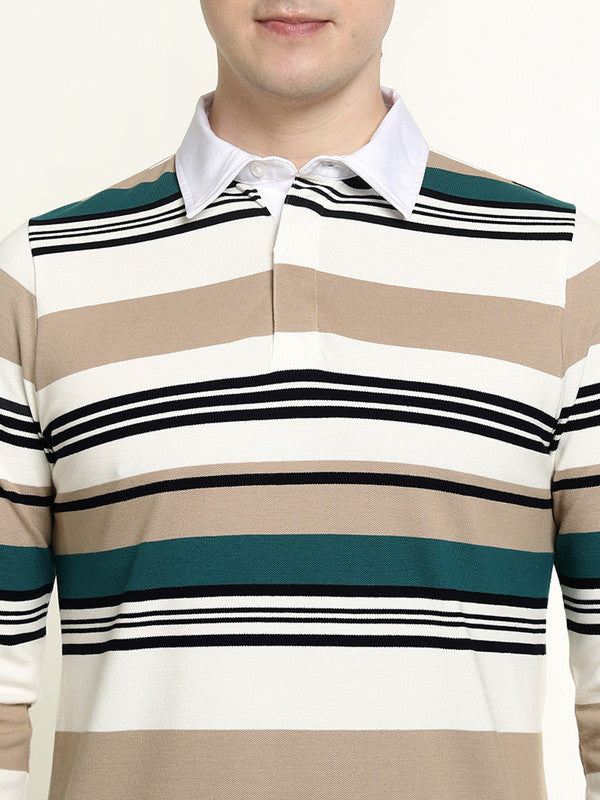 Men White & Green Striped Bio Finish Pure Cotton Stretch Pique Polo Collar T-shirt