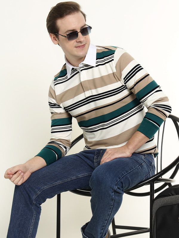 Men White & Green Striped Bio Finish Pure Cotton Stretch Pique Polo Collar T-shirt