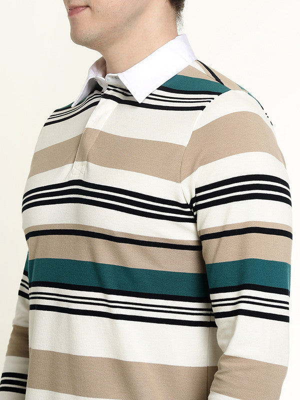 Men White & Green Striped Bio Finish Pure Cotton Stretch Pique Polo Collar T-shirt