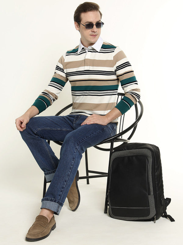 Men White & Green Striped Bio Finish Pure Cotton Stretch Pique Polo Collar T-shirt
