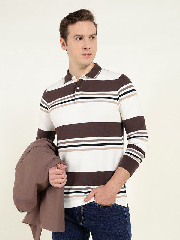 Men White & Brown Striped Polo Collar Pure Cotton Stretch Pique Bio Finish Slim Fit T-shirt