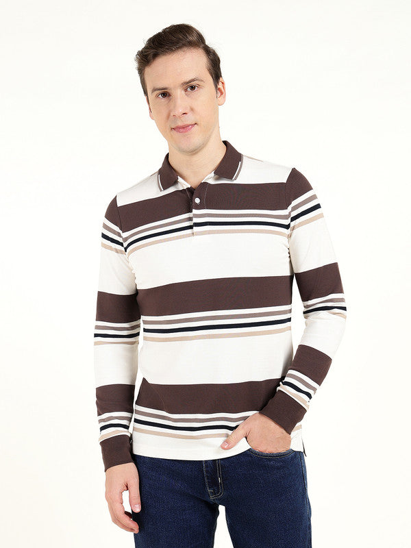 Men White & Brown Striped Polo Collar Pure Cotton Stretch Pique Bio Finish Slim Fit T-shirt