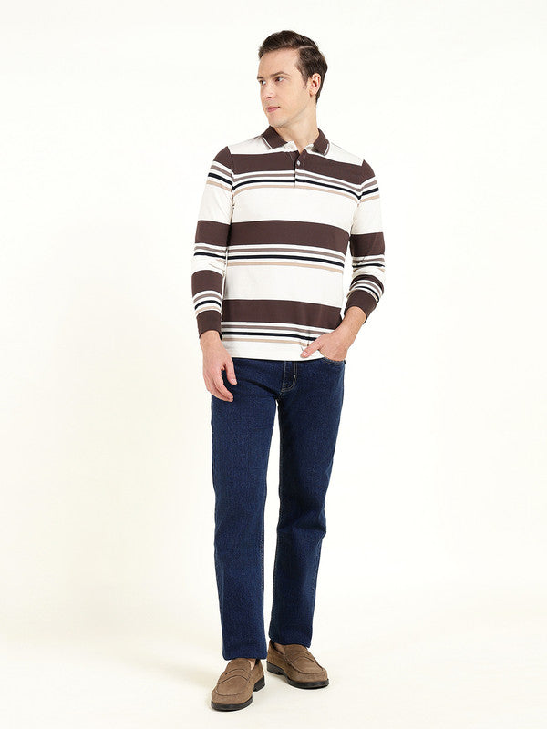 Men White & Brown Striped Polo Collar Pure Cotton Stretch Pique Bio Finish Slim Fit T-shirt