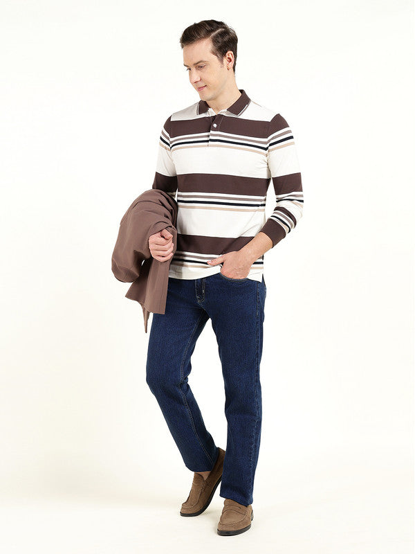 Men White & Brown Striped Polo Collar Pure Cotton Stretch Pique Bio Finish Slim Fit T-shirt