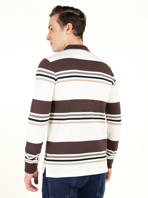 Men White & Brown Striped Polo Collar Pure Cotton Stretch Pique Bio Finish Slim Fit T-shirt