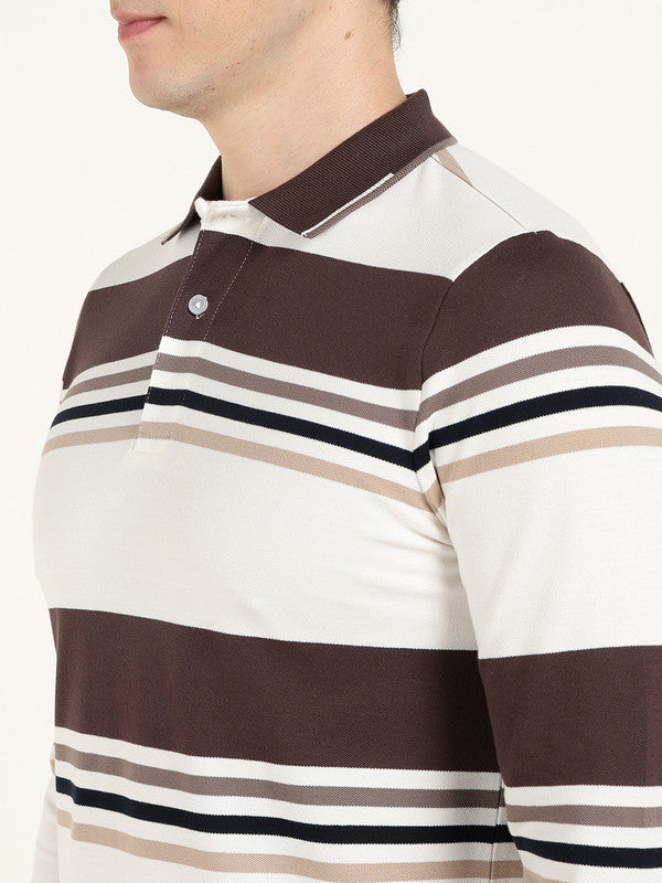 Men White & Brown Striped Polo Collar Pure Cotton Stretch Pique Bio Finish Slim Fit T-shirt