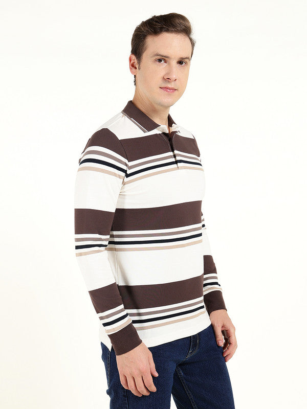 Men White & Brown Striped Polo Collar Pure Cotton Stretch Pique Bio Finish Slim Fit T-shirt