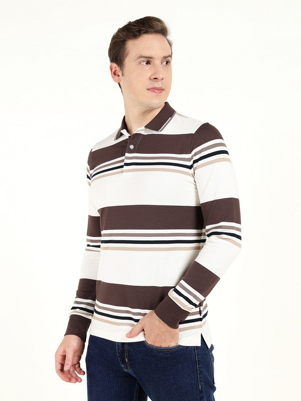 Men White & Brown Striped Polo Collar Pure Cotton Stretch Pique Bio Finish Slim Fit T-shirt