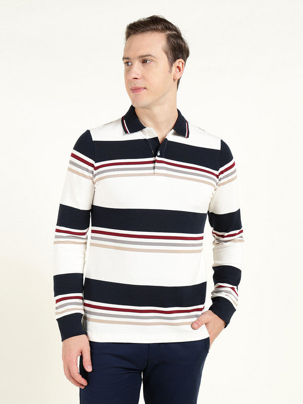 Hancock Men White & Navy Blue Striped Polo Collar Pure Cotton Stretch Pique Bio Finish Slim Fit T-shirt