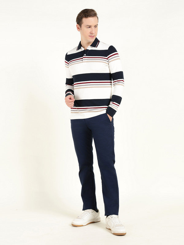 Hancock Men White & Navy Blue Striped Polo Collar Pure Cotton Stretch Pique Bio Finish Slim Fit T-shirt