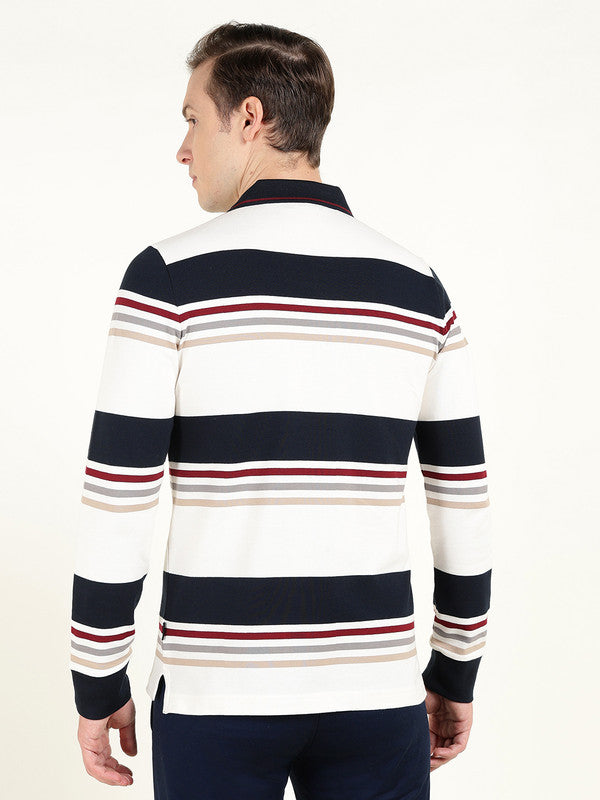 Hancock Men White & Navy Blue Striped Polo Collar Pure Cotton Stretch Pique Bio Finish Slim Fit T-shirt