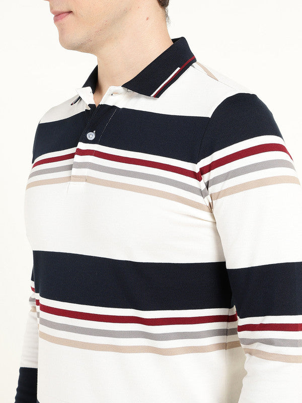Hancock Men White & Navy Blue Striped Polo Collar Pure Cotton Stretch Pique Bio Finish Slim Fit T-shirt