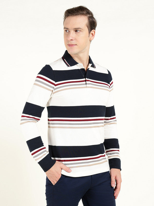 Hancock Men White & Navy Blue Striped Polo Collar Pure Cotton Stretch Pique Bio Finish Slim Fit T-shirt