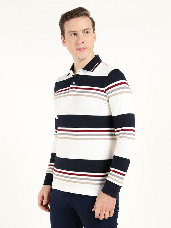 Hancock Men White & Navy Blue Striped Polo Collar Pure Cotton Stretch Pique Bio Finish Slim Fit T-shirt