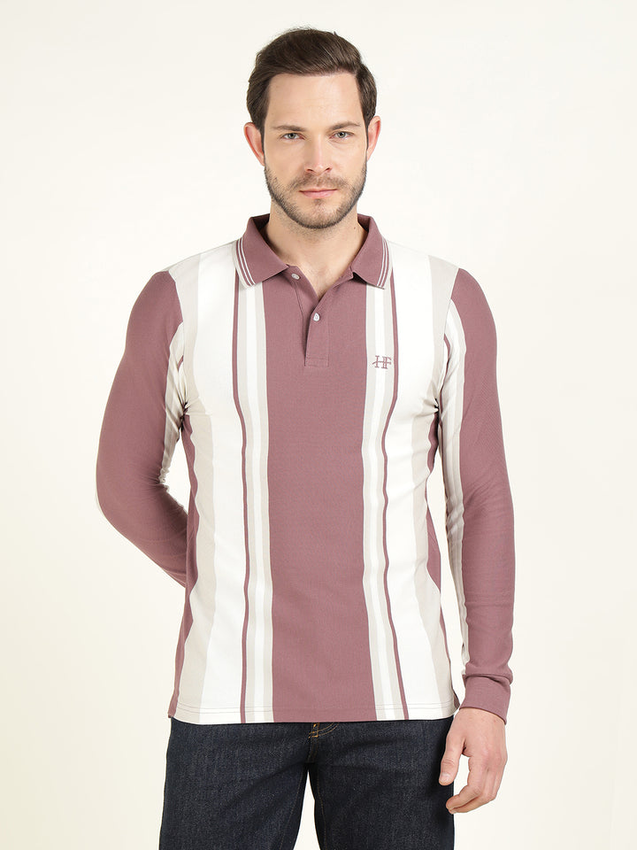 Hancock Men White & Mauve Vertical Striped Polo Collar Pure Cotton Stretch Slim Fit T-shirt
