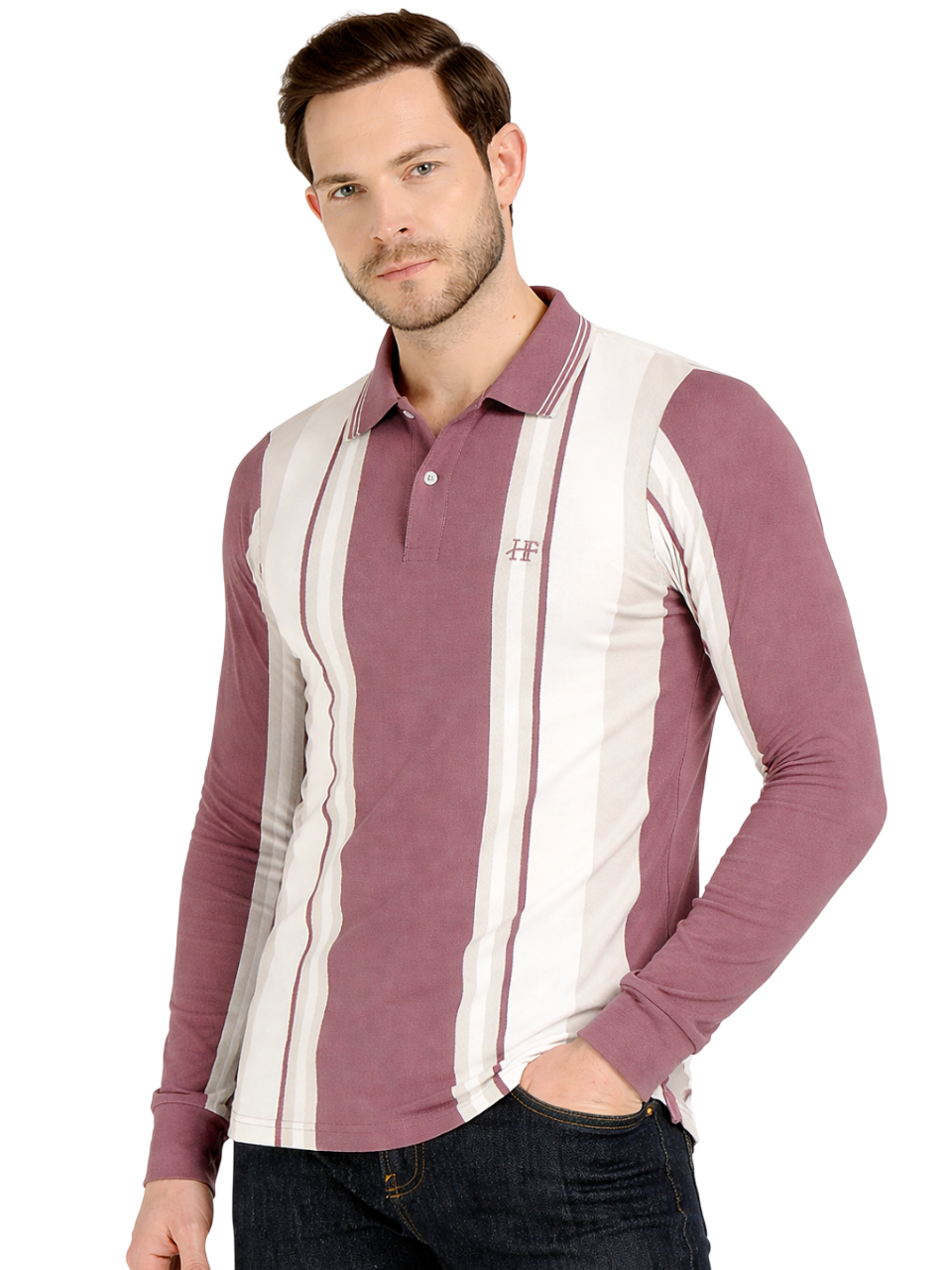 Hancock Men White & Mauve Vertical Striped Polo Collar Pure Cotton Stretch Slim Fit T-shirt
