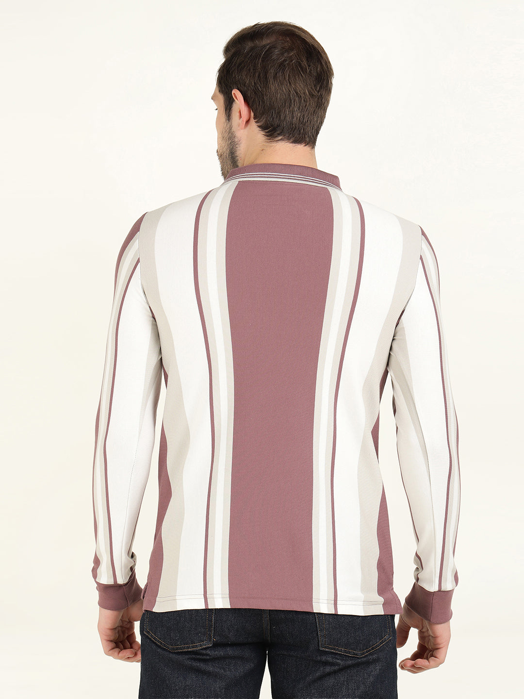 Hancock Men White & Mauve Vertical Striped Polo Collar Pure Cotton Stretch Slim Fit T-shirt