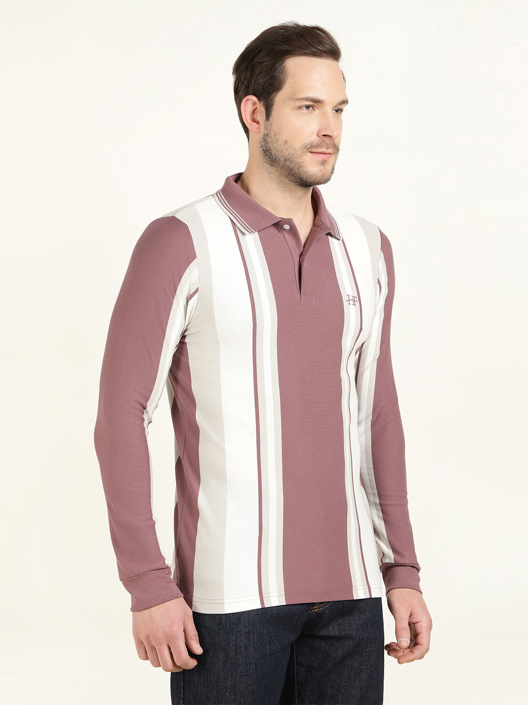 Hancock Men White & Mauve Vertical Striped Polo Collar Pure Cotton Stretch Slim Fit T-shirt