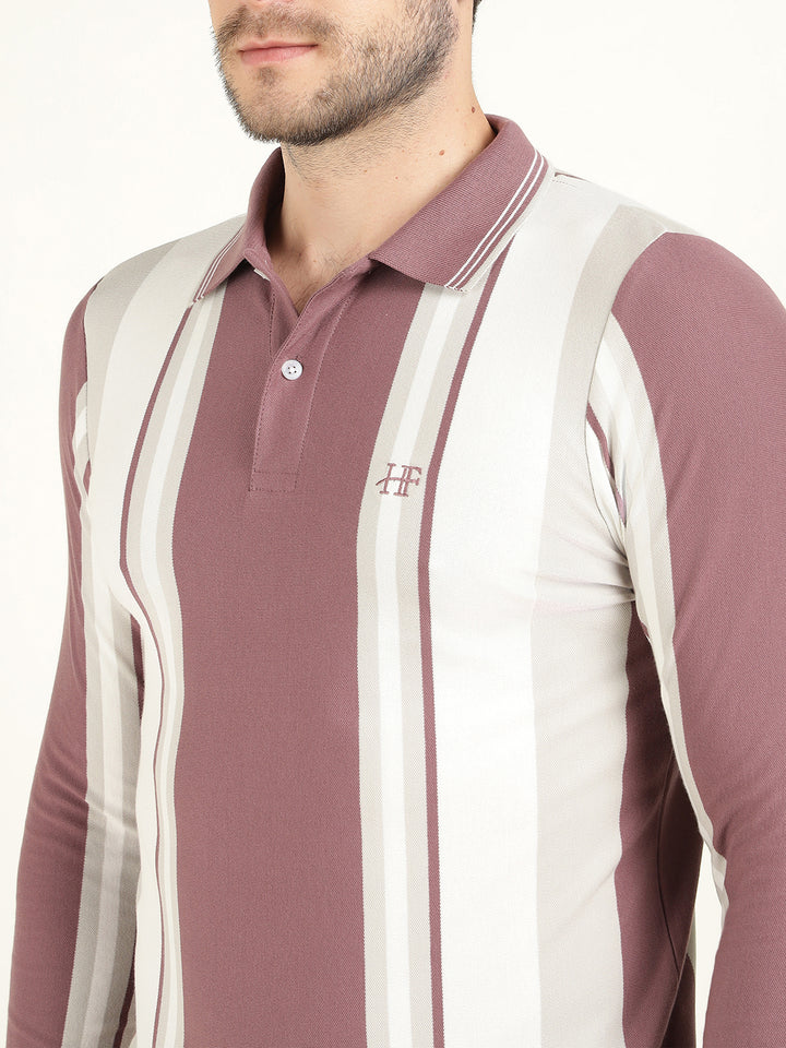 Hancock Men White & Mauve Vertical Striped Polo Collar Pure Cotton Stretch Slim Fit T-shirt