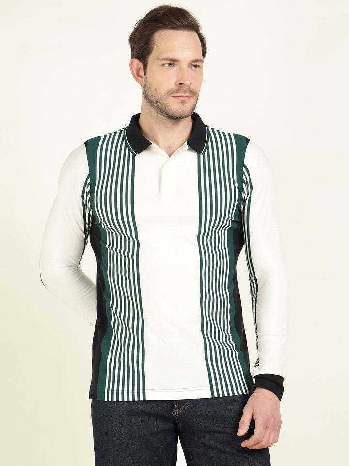 Hancock Men White & Green Vertical Striped Polo Collar Pure Cotton Stretch Slim Fit T-shirt